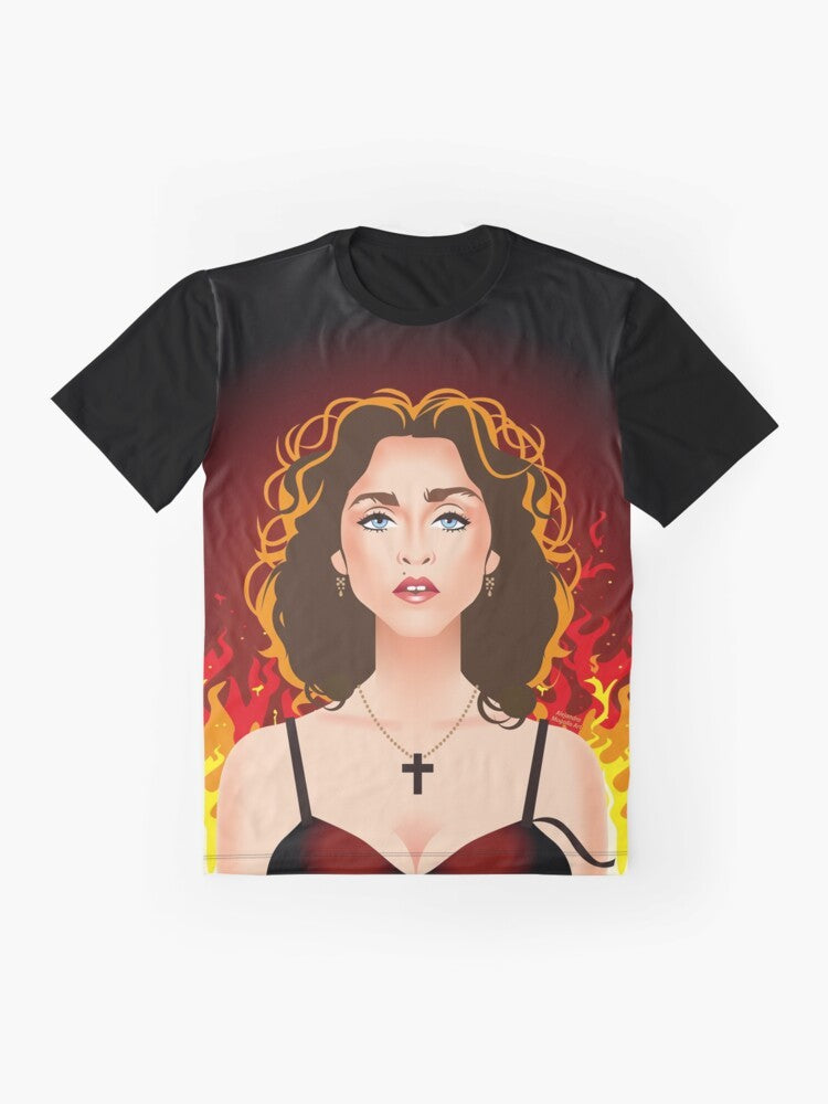 Prayer Graphic T-Shirt featuring a cross, fire, and music icon - Flat lay