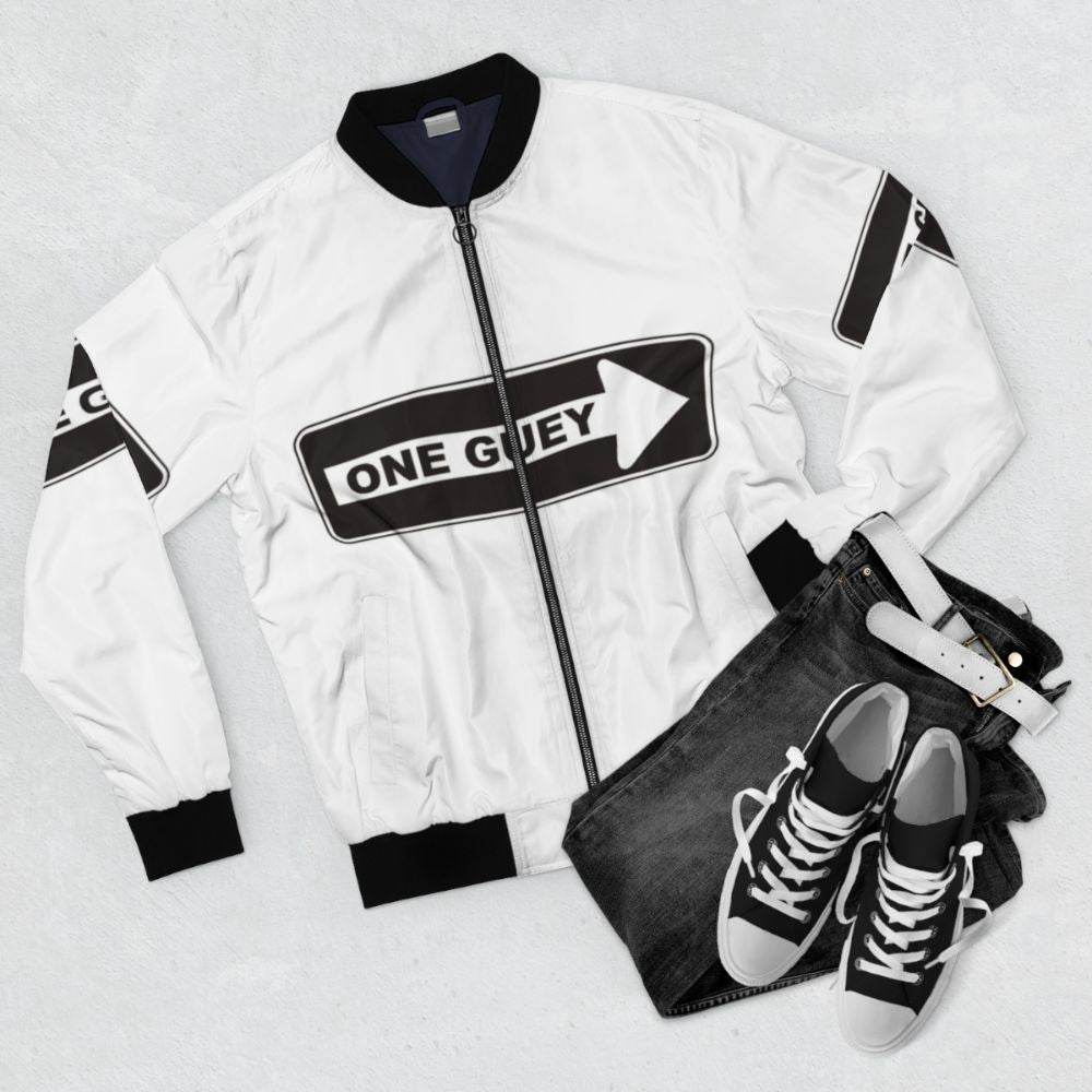 Chicano Guey Bomber Jacket featuring a stylish and sarcastic design - Flat lay