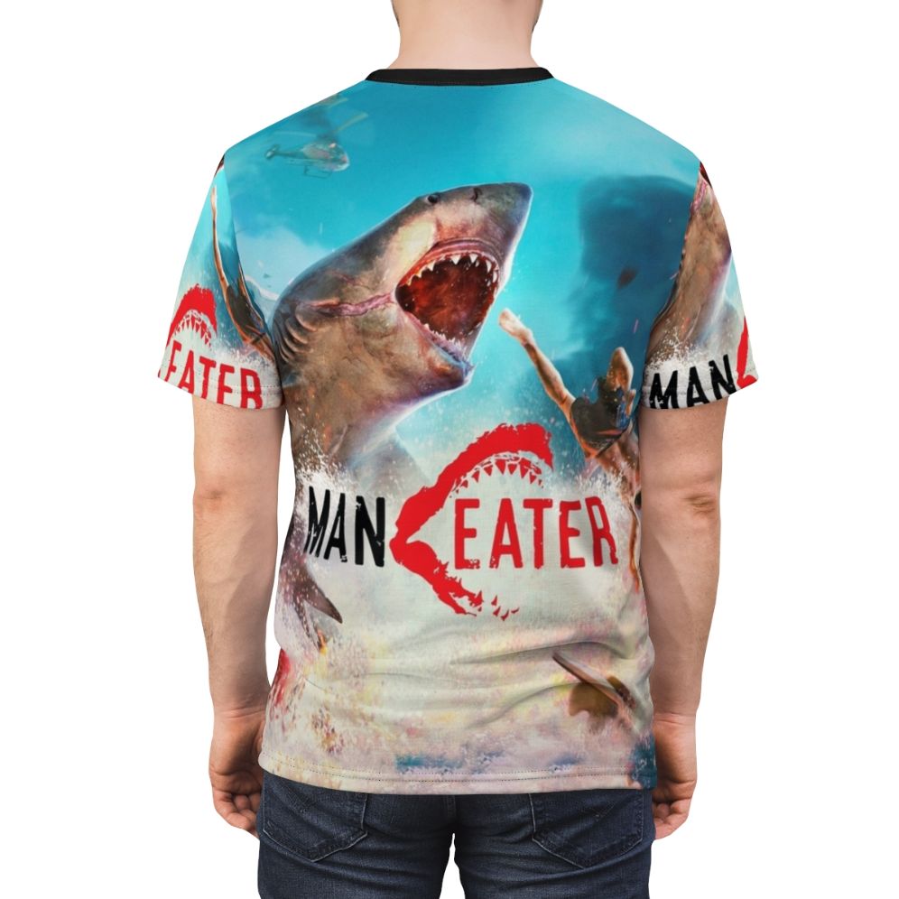 Artwork featuring a fierce shark aggressively attacking its prey, inspired by the popular "Maneater" survival video game. - men back