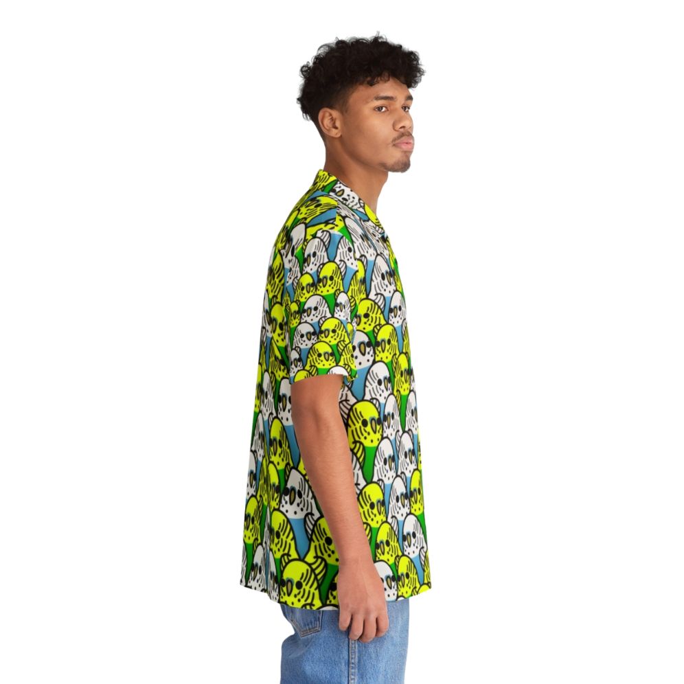 Tropical Hawaiian shirt with a colorful bird pattern featuring cockatiels, cockatoos, macaws, parakeets, and budgies. - People Pight