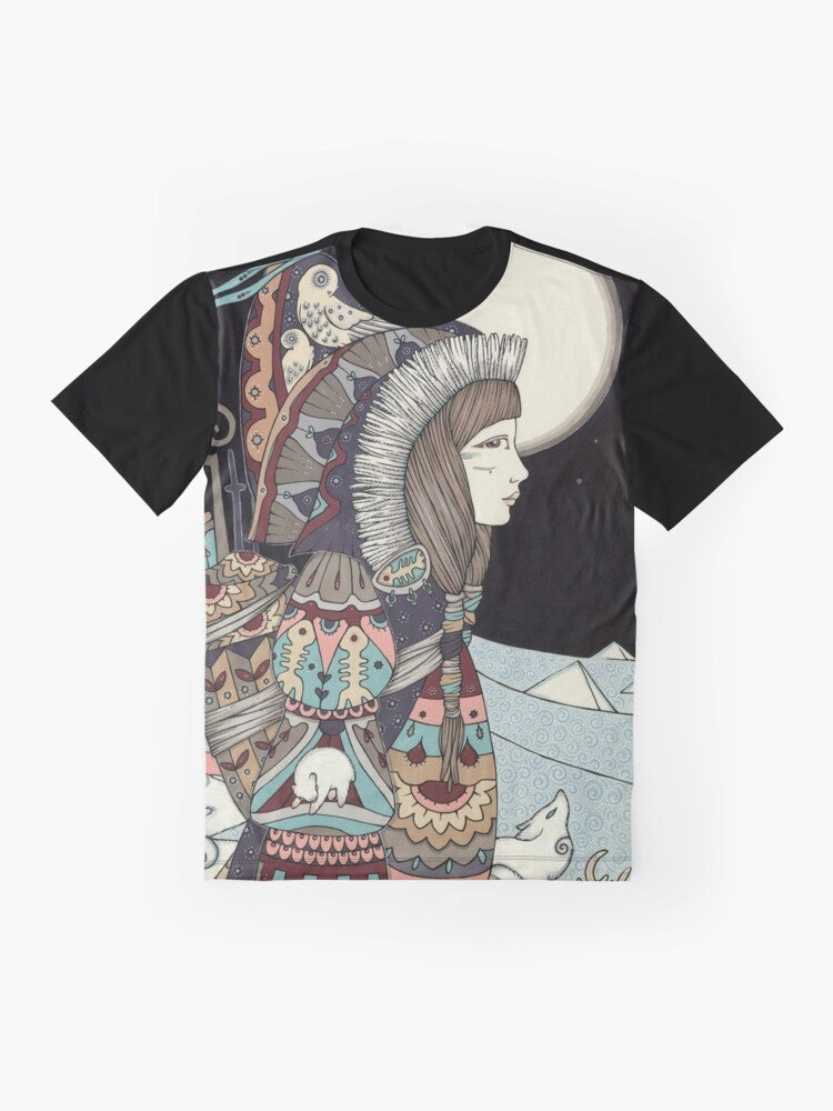 A graphic t-shirt featuring the Inuit goddess Sedna, the mother of the sea and the Arctic animals. - Flat lay