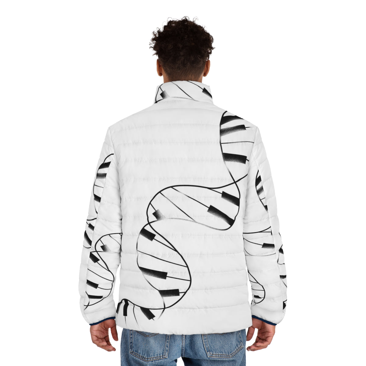 DNA Piano Puffer Jacket with musical notes and genetic pattern - men back