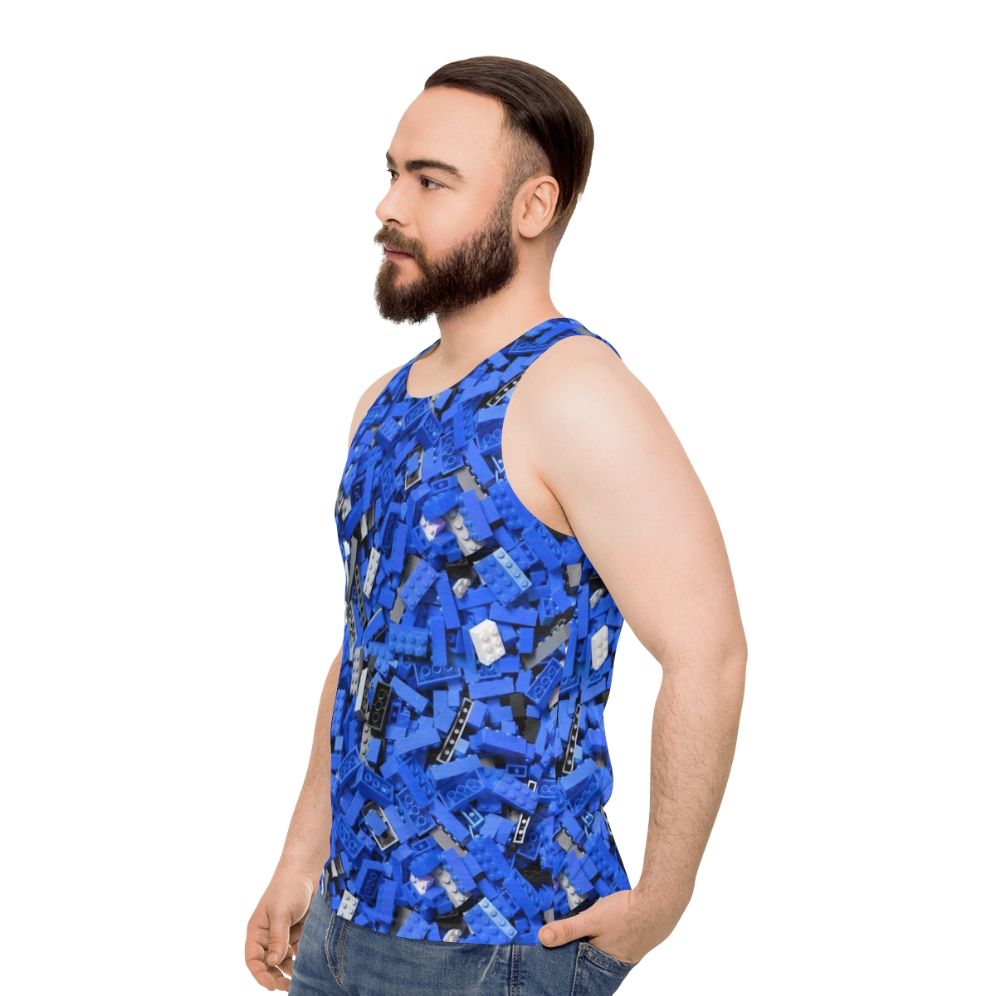 Blue unisex tank top with a repeating bricks/lego-inspired pattern - men side