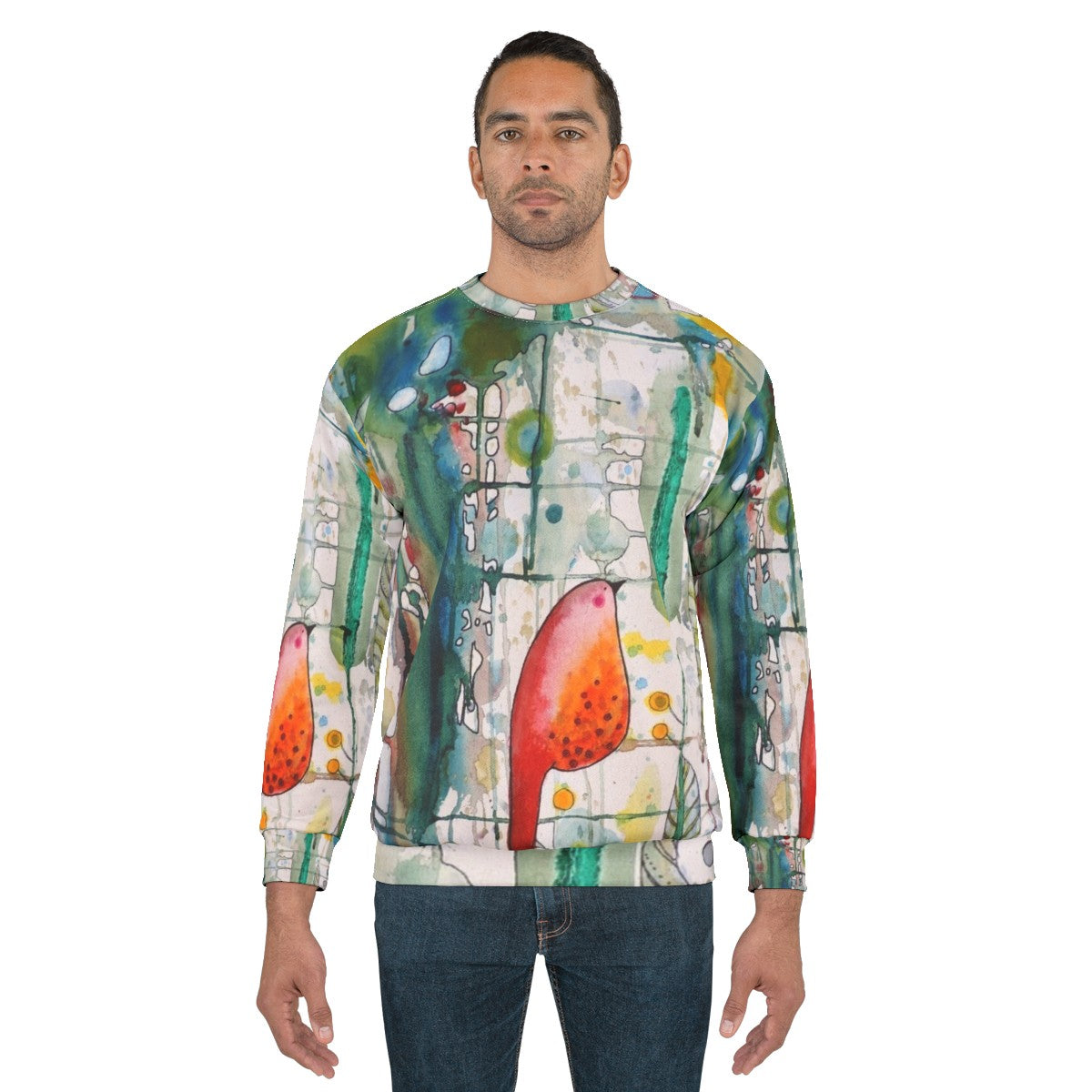 Watercolor bird sweatshirt with forest leaves and feathers - men