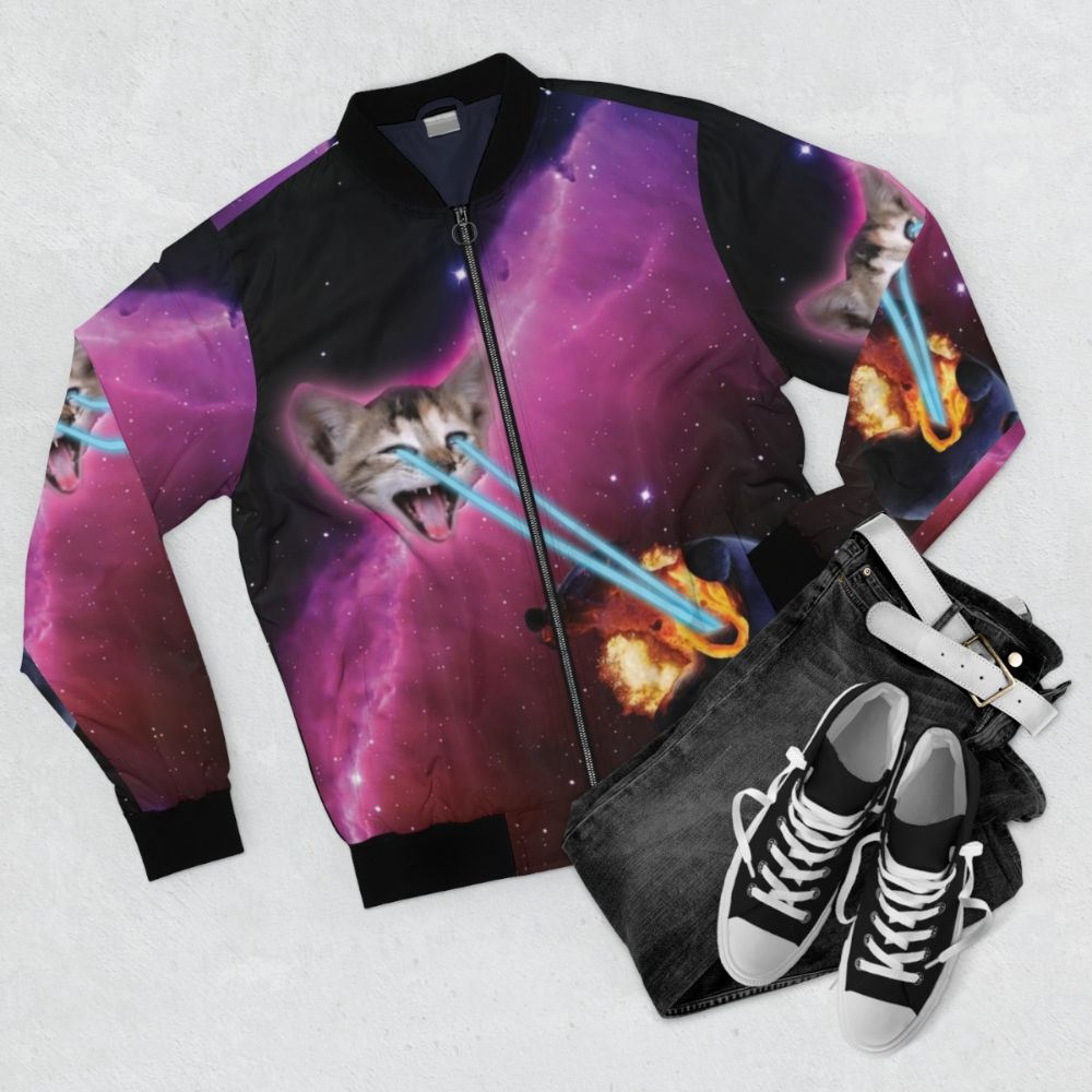 Laser Cat Bomber Jacket with Cosmic Explosions and Planets - Flat lay