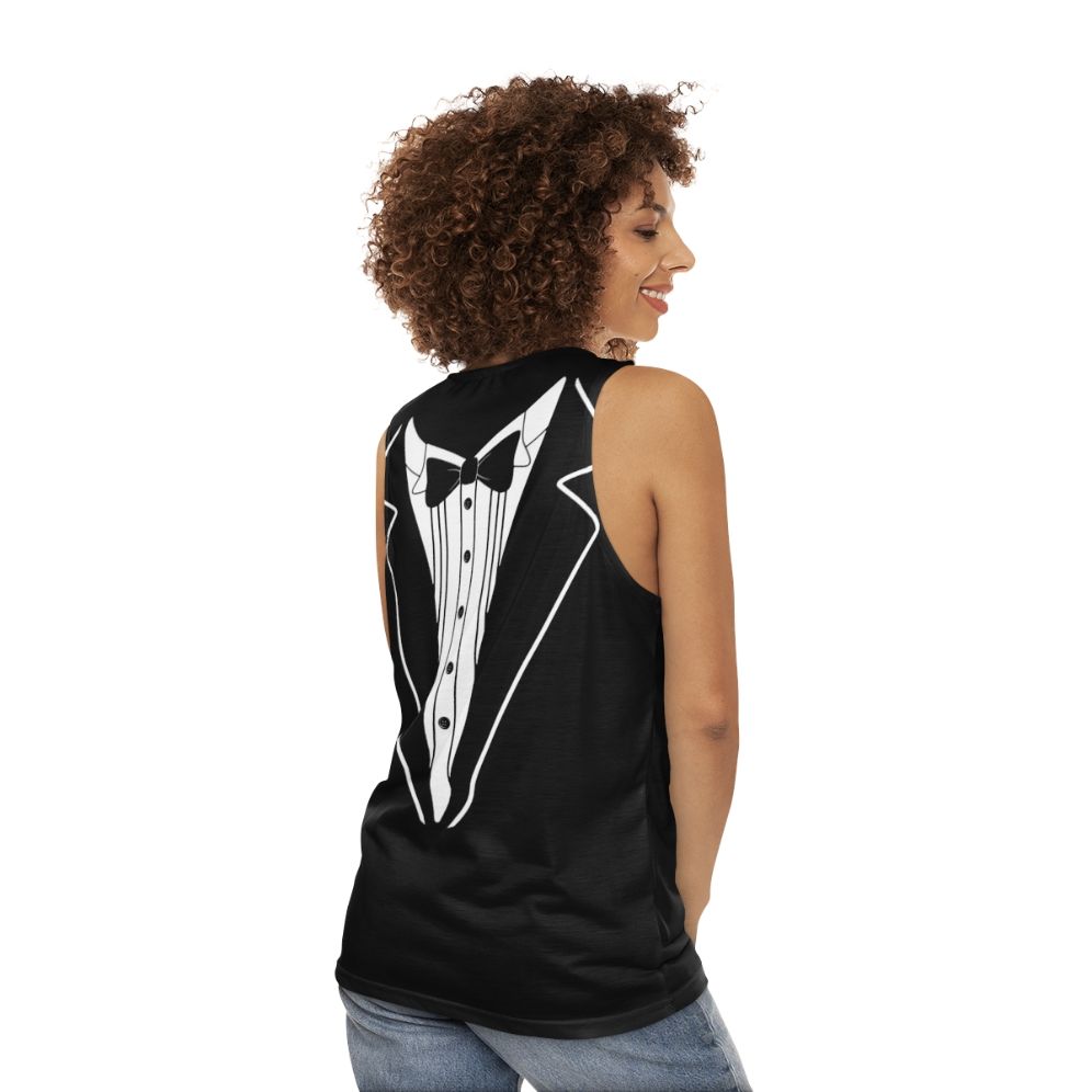 Tuxedo inspired unisex tank top - women back