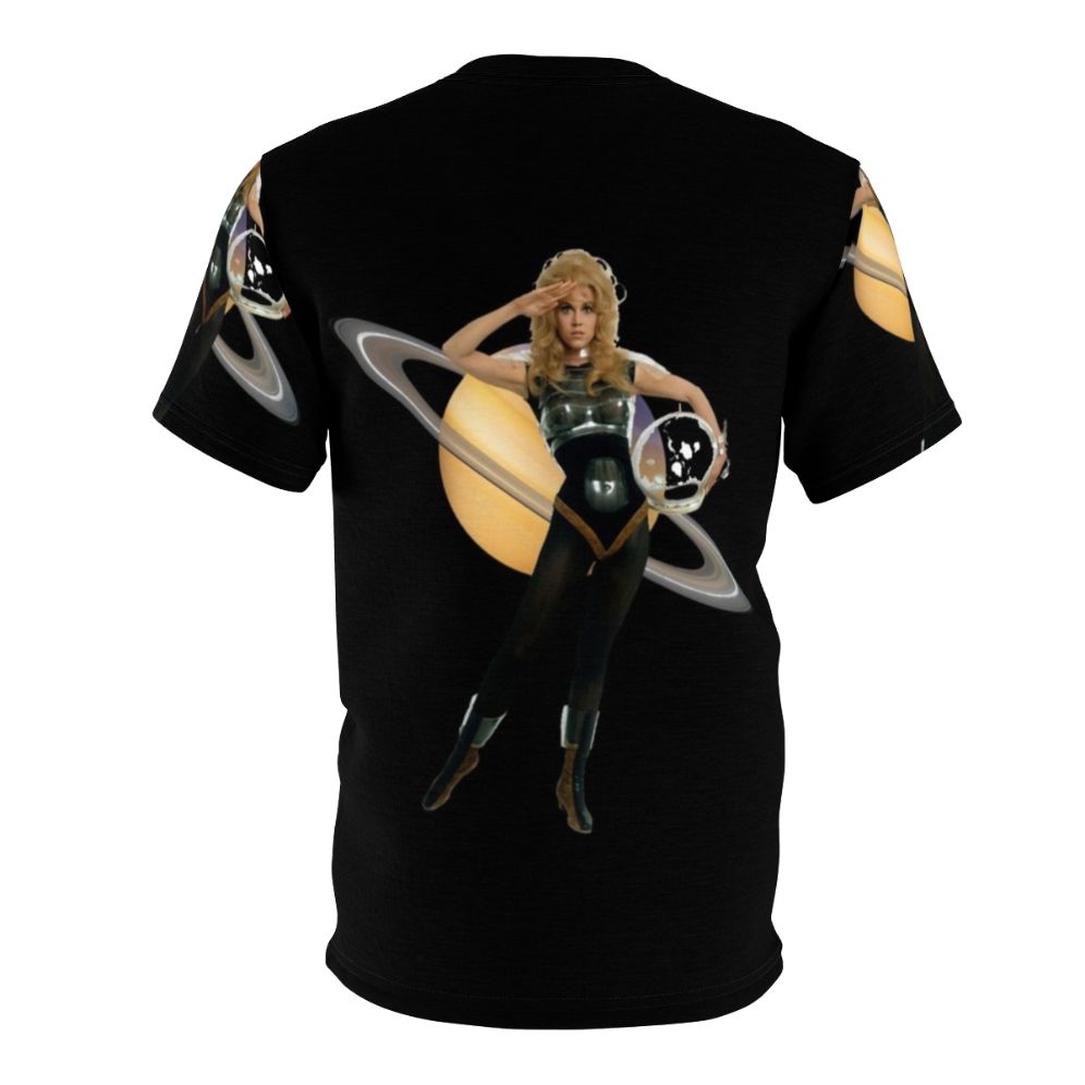 Barbarella inspired t-shirt featuring a graphic print of the planet Saturn and cosmic galaxy elements - Back