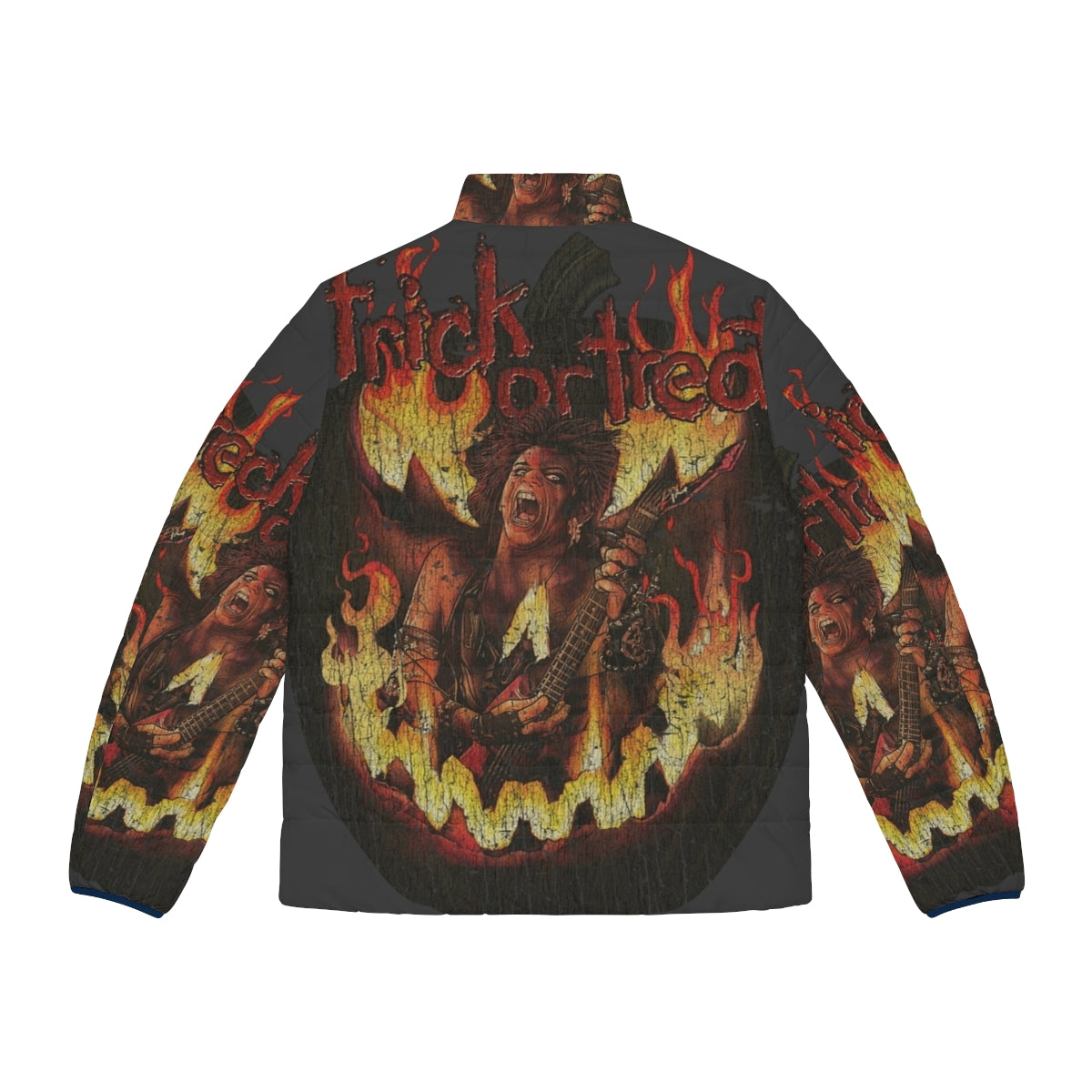 Trick Or Treat 1986 Puffer Jacket featuring horror and heavy metal inspired graphics - Back