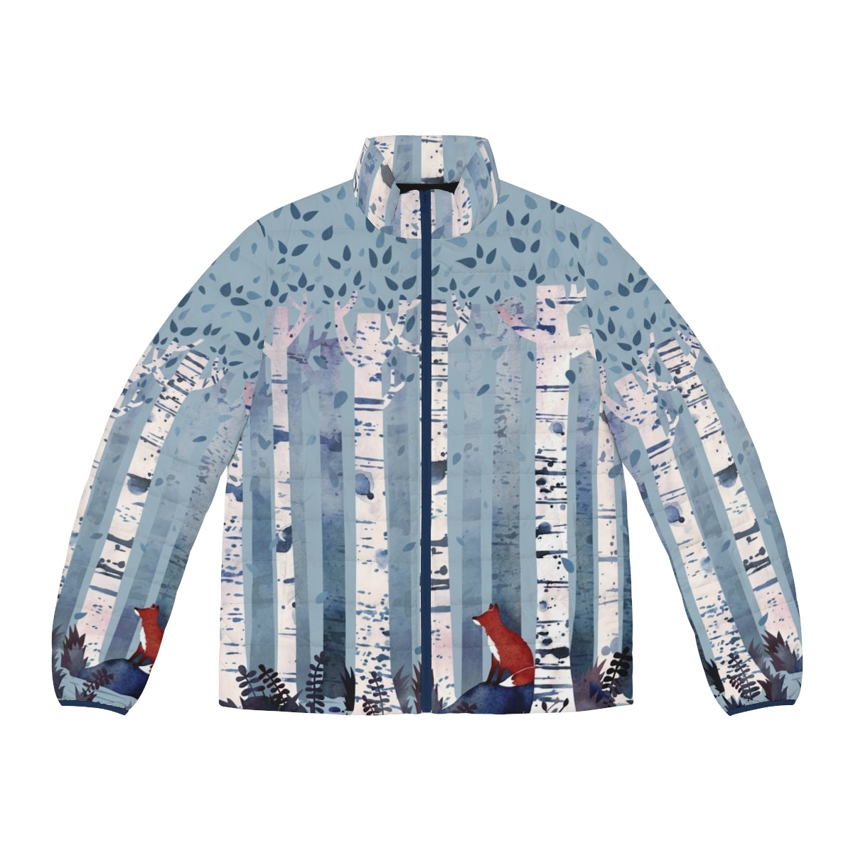 Blue watercolor puffer jacket with birchwood and nature motifs