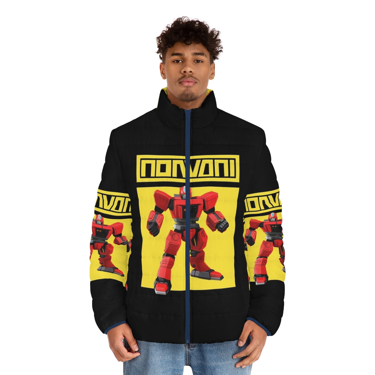 Robot Hero Puffer Jacket featuring a vibrant yellow design - men front