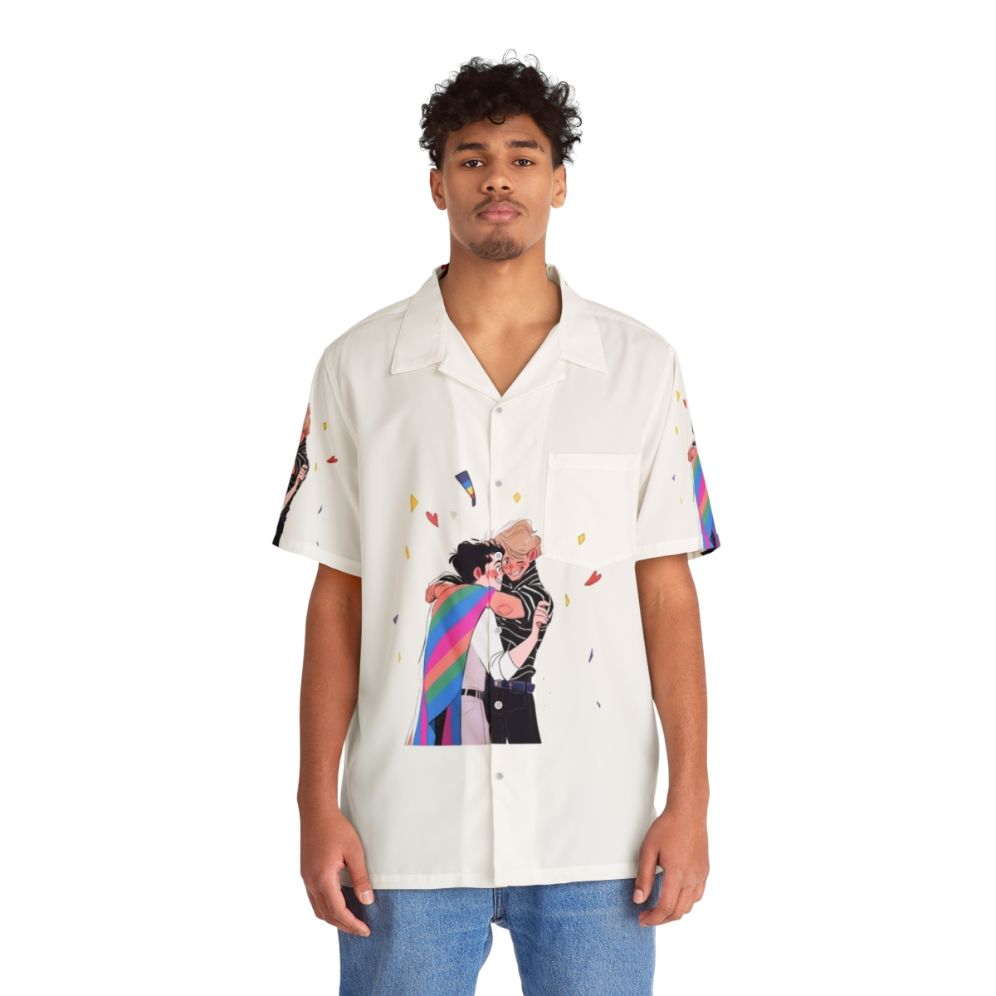 Bisexual pride Hawaiian shirt featuring characters Nick and Charlie from the Netflix series Heartstopper - People Front