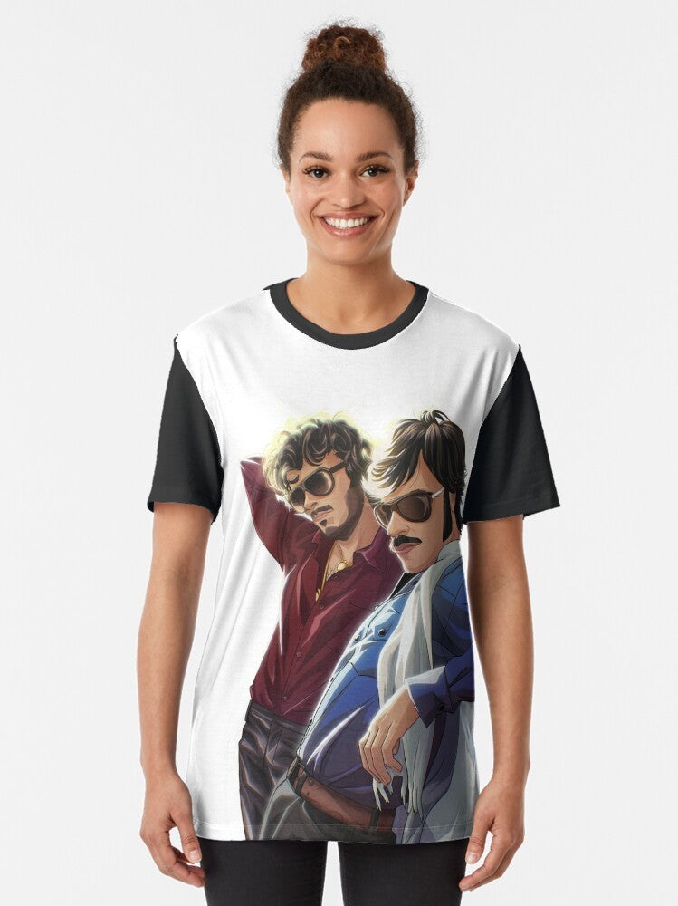 A graphic t-shirt featuring the iconic comedy music duo Flight of the Conchords - Women