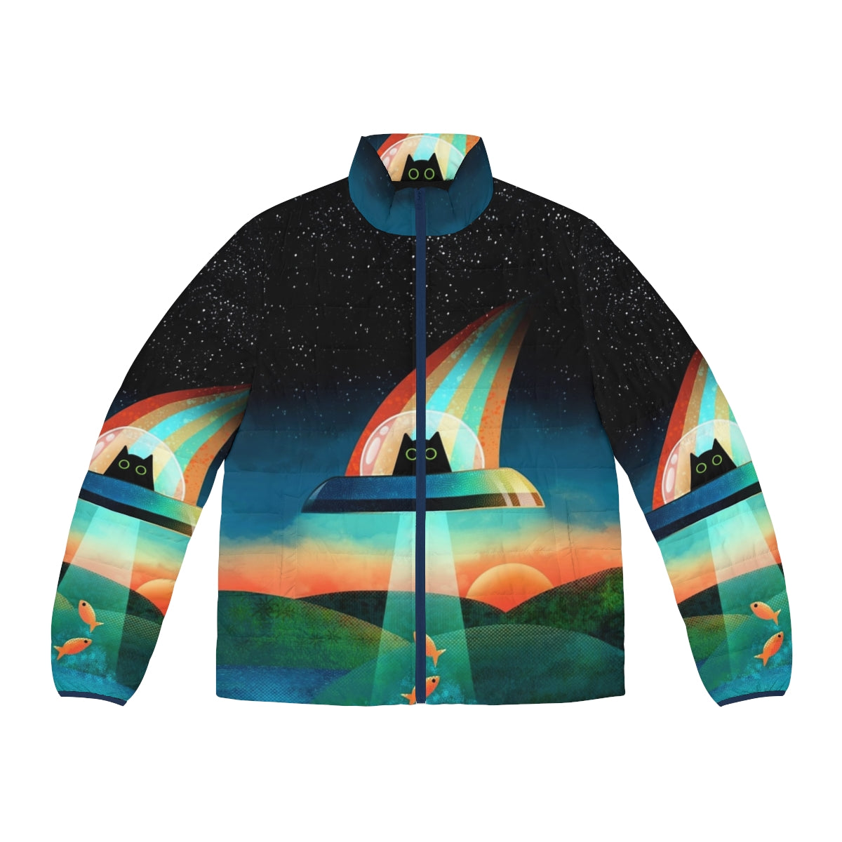 Colorful and vibrant puffer jacket featuring an alien cat design in a space-themed galaxy setting