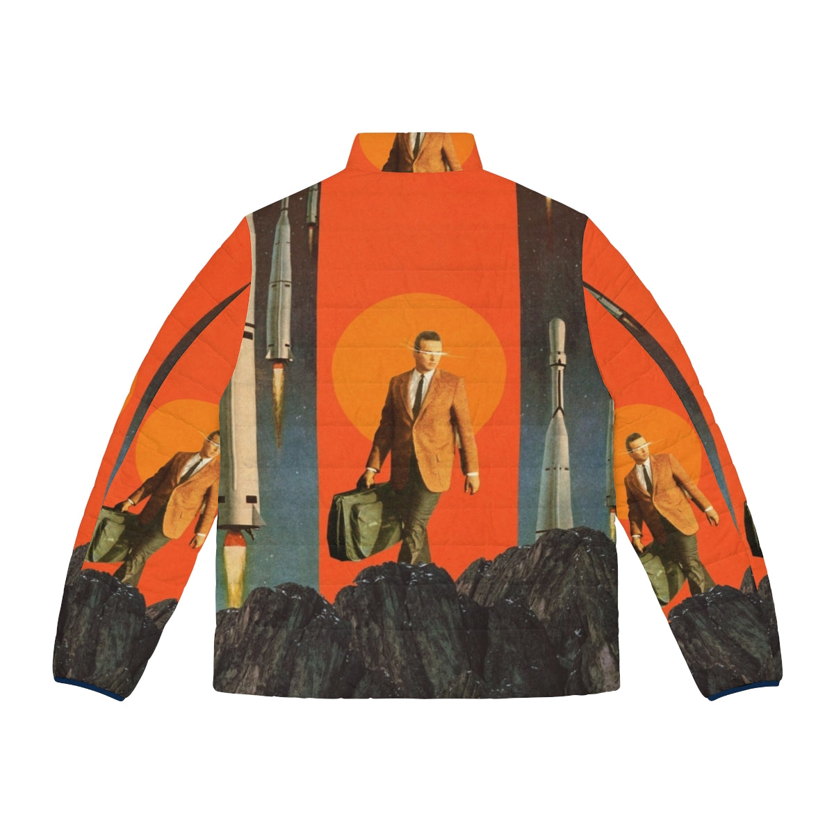 Retro puffer jacket in a surreal, vintage-inspired digital collage with space, mountains, and sky imagery - Back