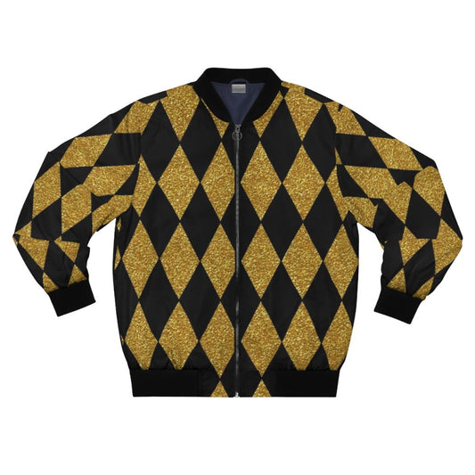 A stylish black and gold harlequin bomber jacket with a diamond pattern design