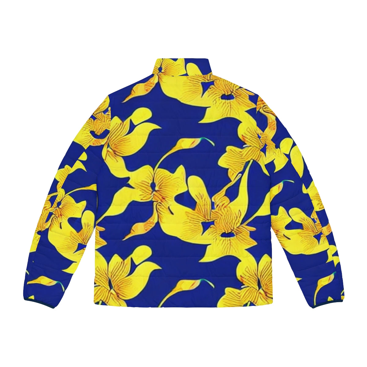 Closeup of a blue puffer jacket featuring a vibrant abstract yellow floral pattern - Back