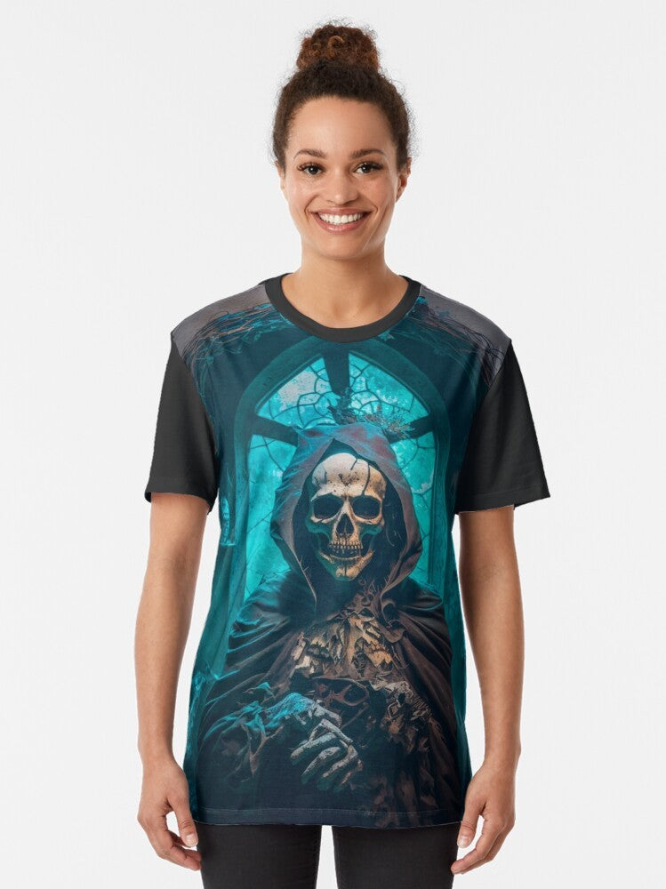 Gothic skeleton skull priest in a dark church graphic t-shirt design - Women