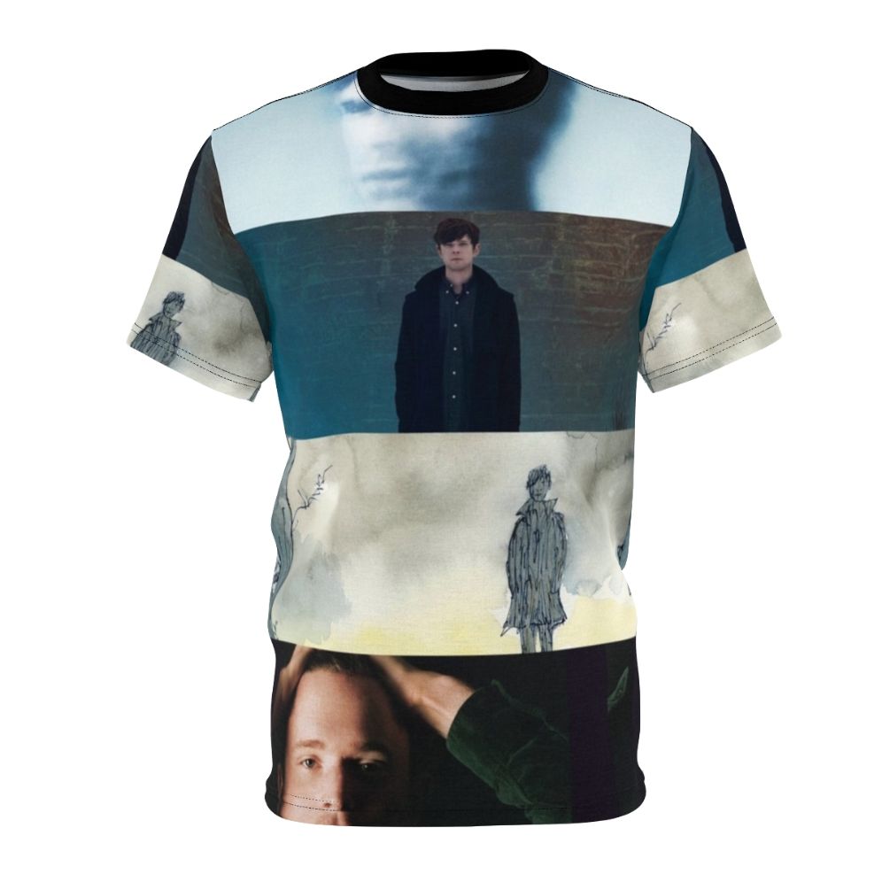 Stylish t-shirt featuring James Blake album artwork and alternative music references.