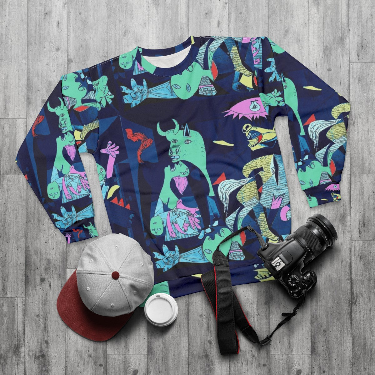 Guernica Pop Art Sweatshirt with Picasso Artwork - flat lay