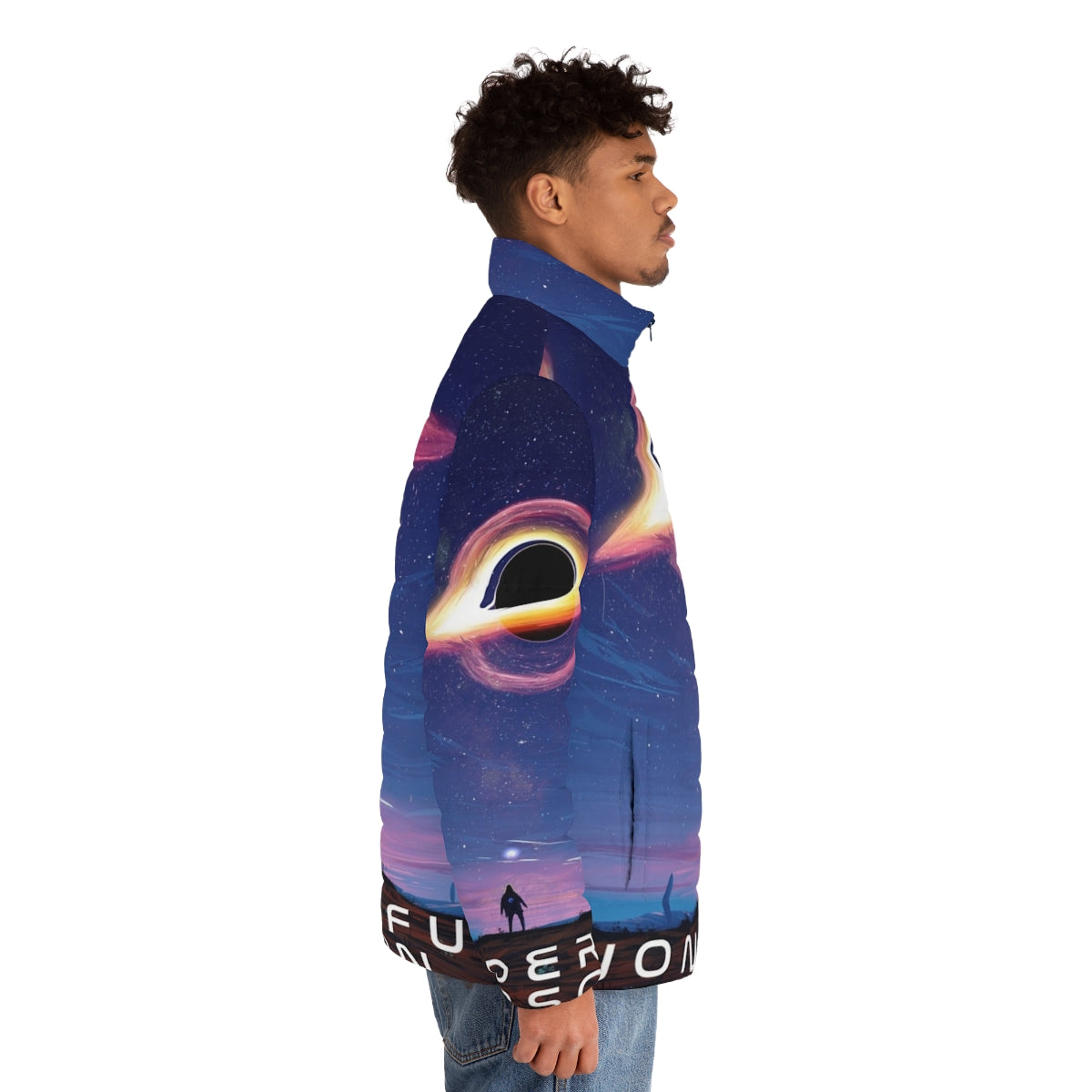 Person wearing a puffer jacket while gazing at the stars - men side right