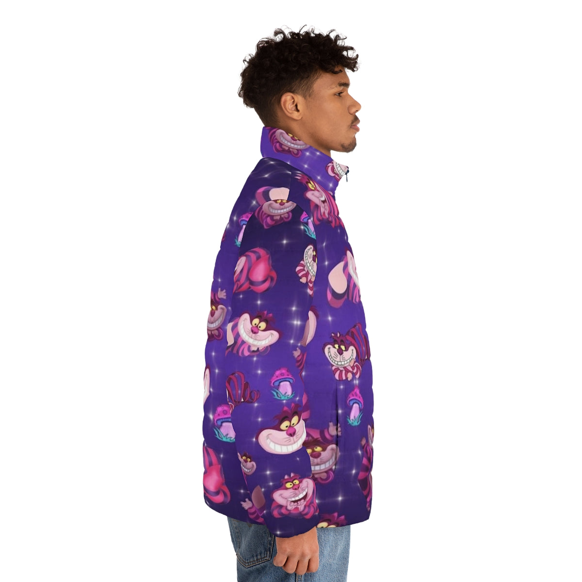 A purple puffer jacket with mushroom and cheshire cat designs, perfect for the autumn season. - men side right