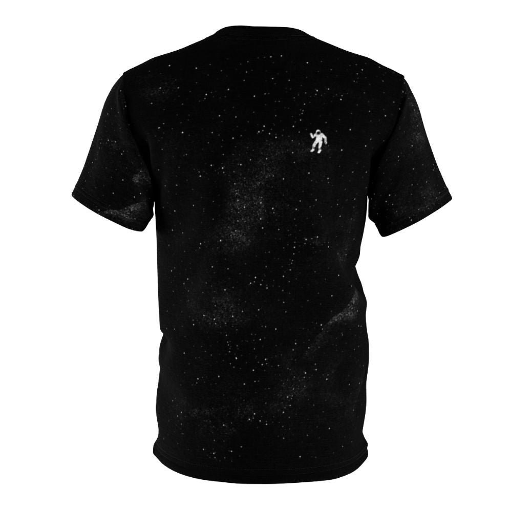 Gravity-inspired t-shirt showcasing a stunning space-themed design with cosmic elements such as stars, galaxies, and astronauts. - Back