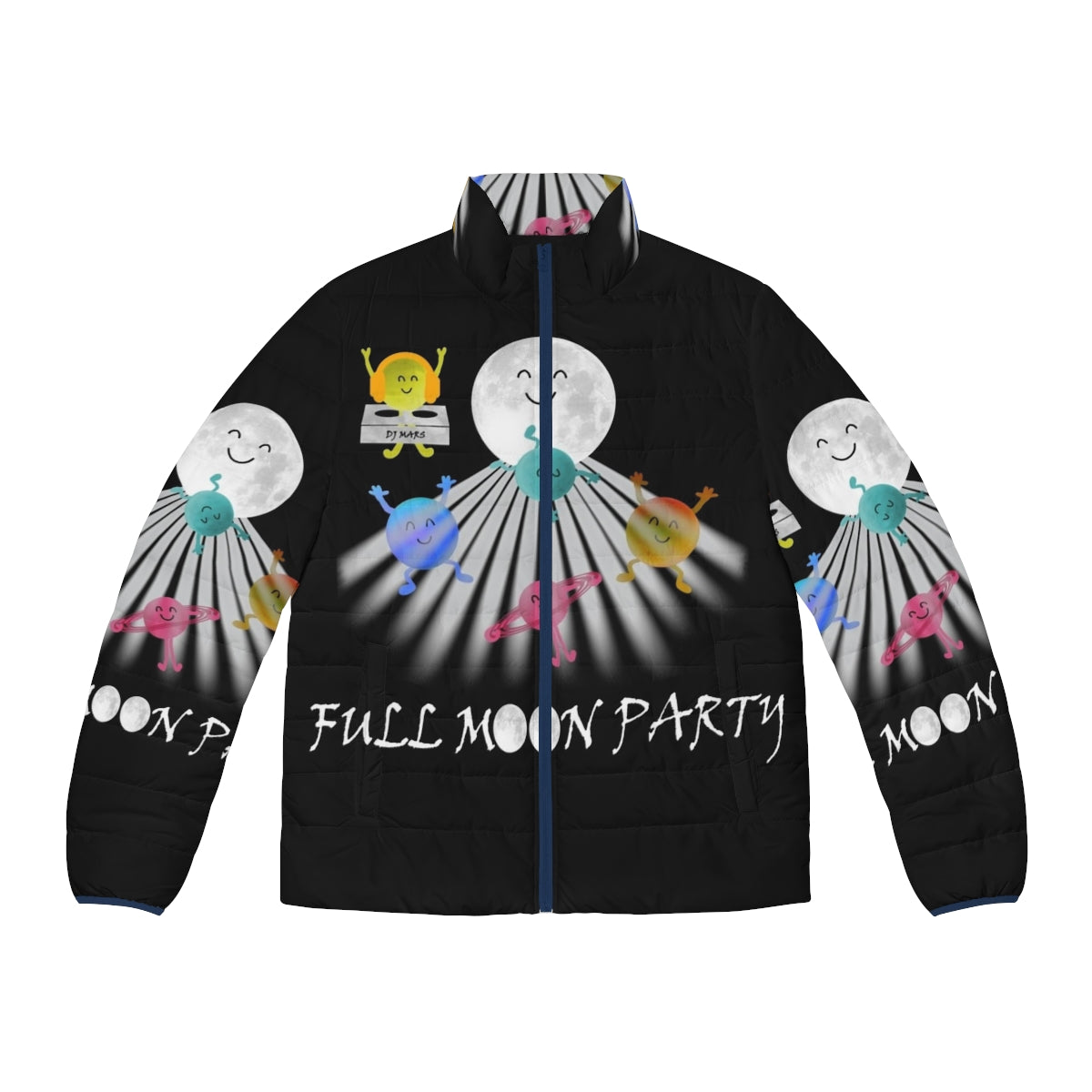 Colorful full moon party puffer jacket with space and dancing motifs