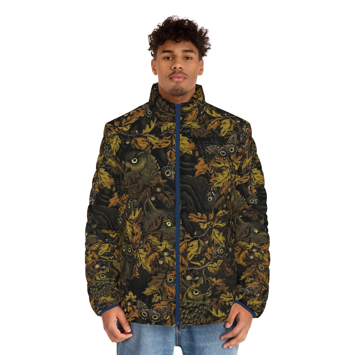 A stylish burnt sienna puffer jacket with a nature-inspired camouflage pattern, perfect for outdoor adventures. - men front