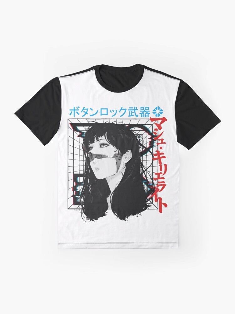 Cyberpunk cyborg girl in vaporwave-inspired urban style graphic t-shirt design. - Flat lay