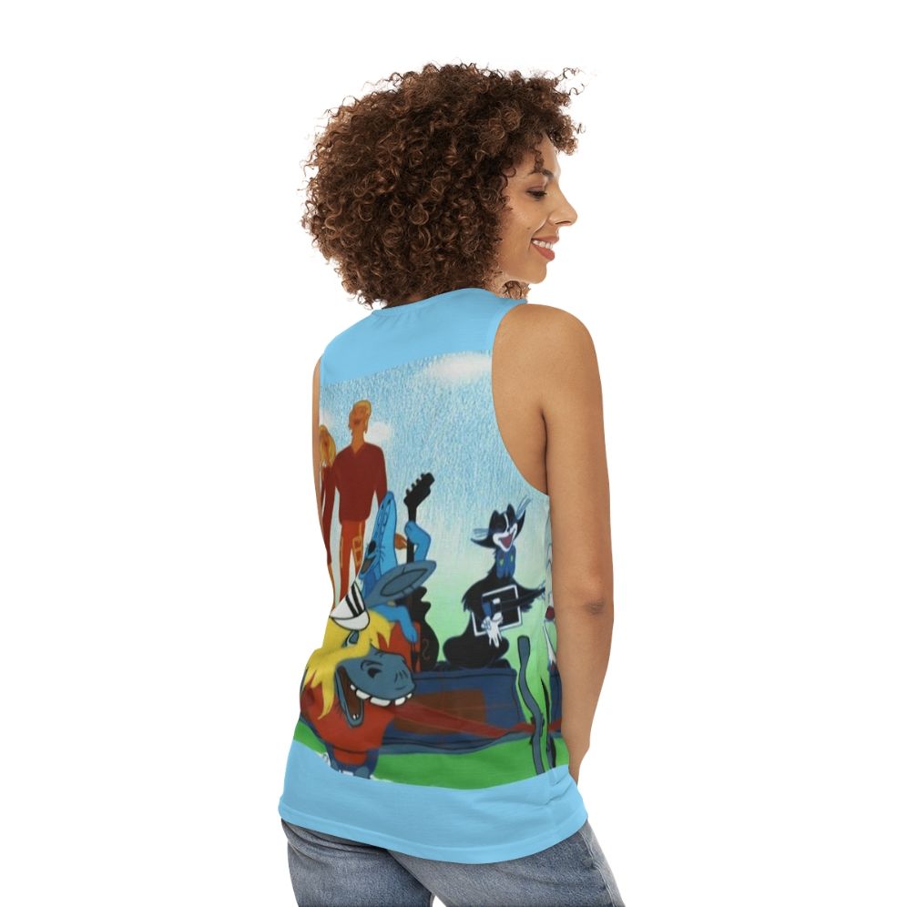 Unisex tank top featuring characters from the Soviet cartoon "The Musicians From Bremen" - women back