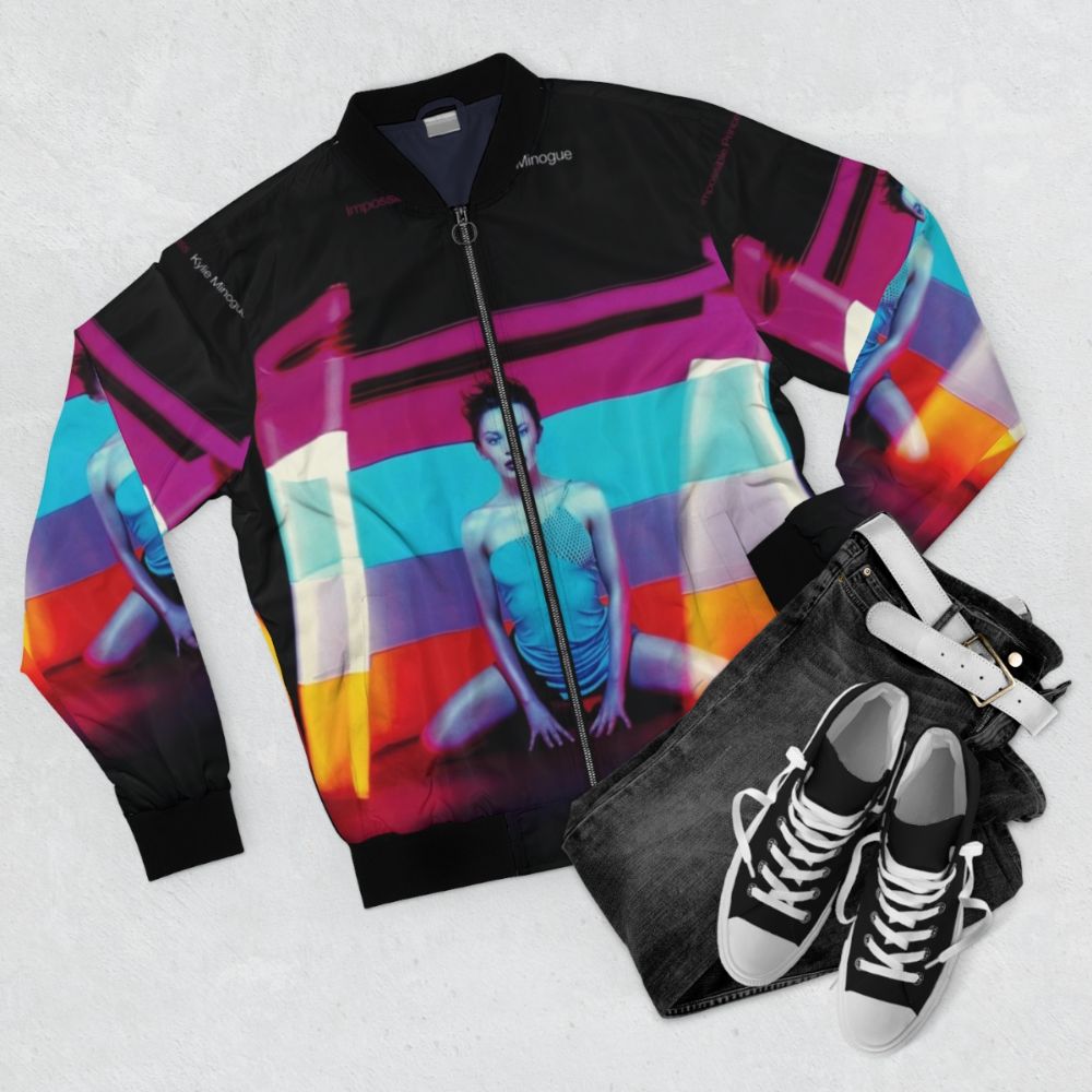 Stylish bomber jacket inspired by Kylie Minogue's "Impossible Princess" album - Flat lay