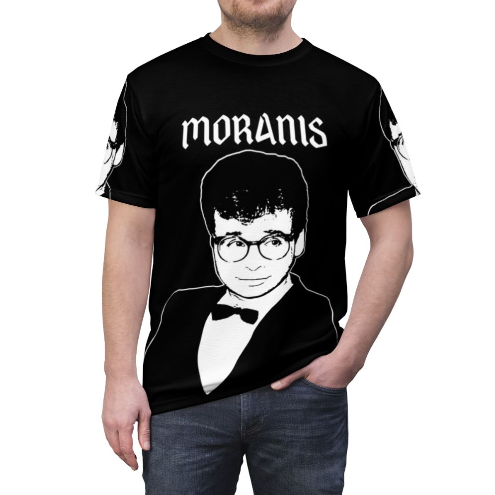 Retro metal-inspired graphic T-shirt featuring a design inspired by comedy legend Rick Moranis - men front