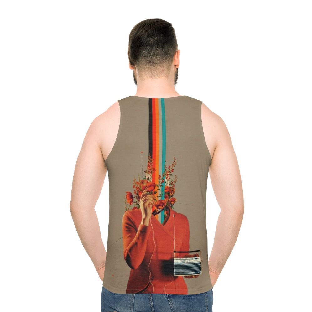 Retro unisex tank top with surreal pop art floral design - men back