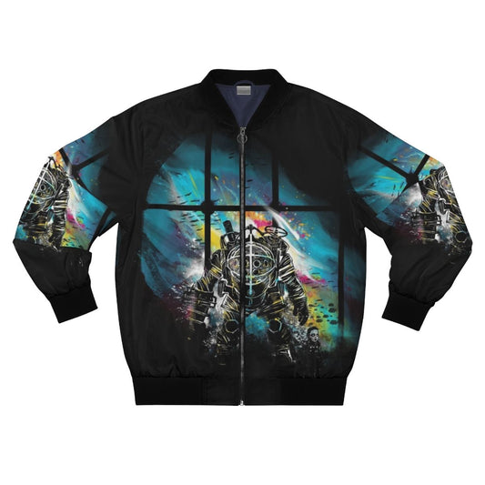 Bioshock-inspired watercolor-style bomber jacket featuring the iconic Mr. Bubbles character