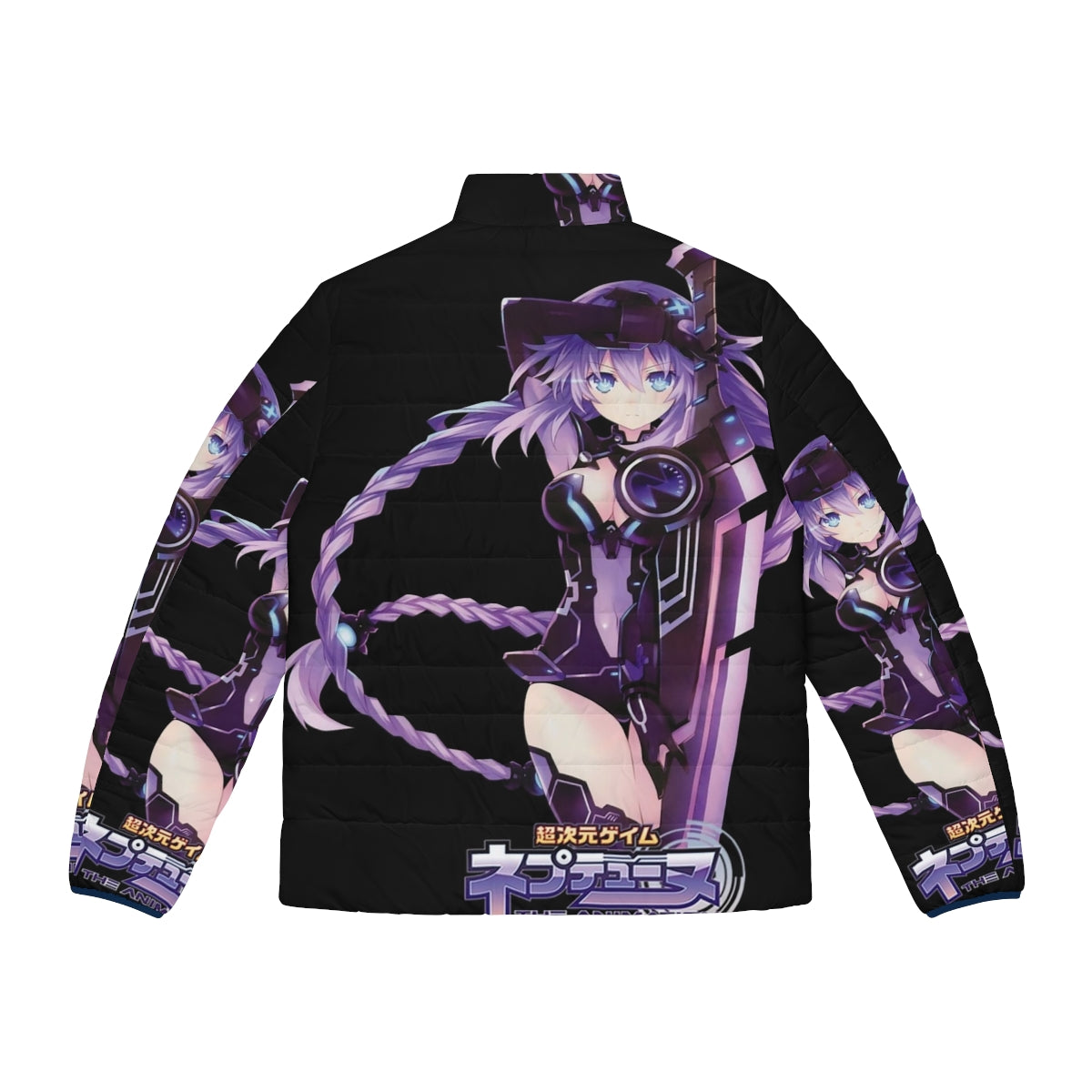 Purple Heart Puffer Jacket with Glowing Anime Sword and D-Pad Design - Back