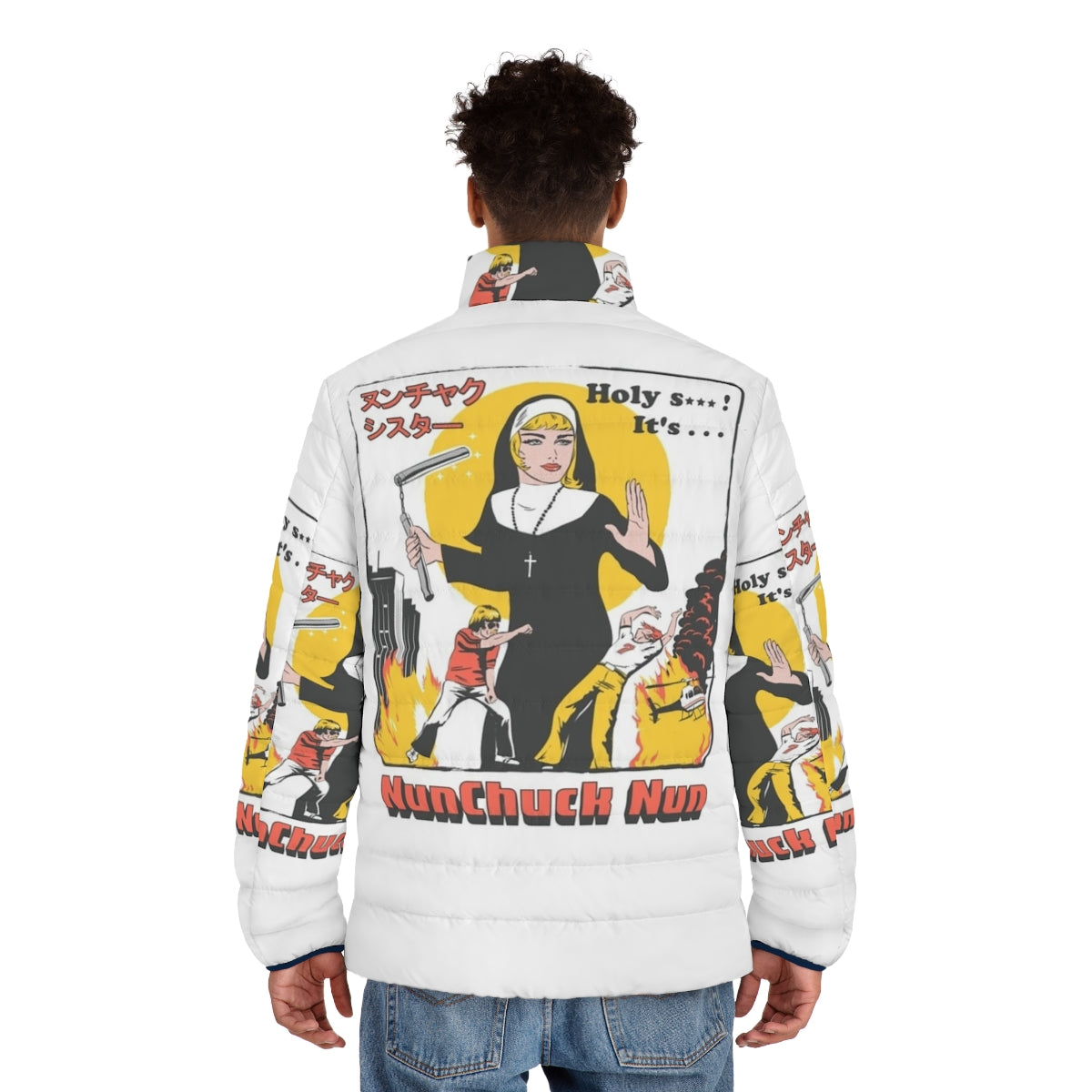 Nunchuck Nun Puffer Jacket - Retro Streetwear Parody - men back