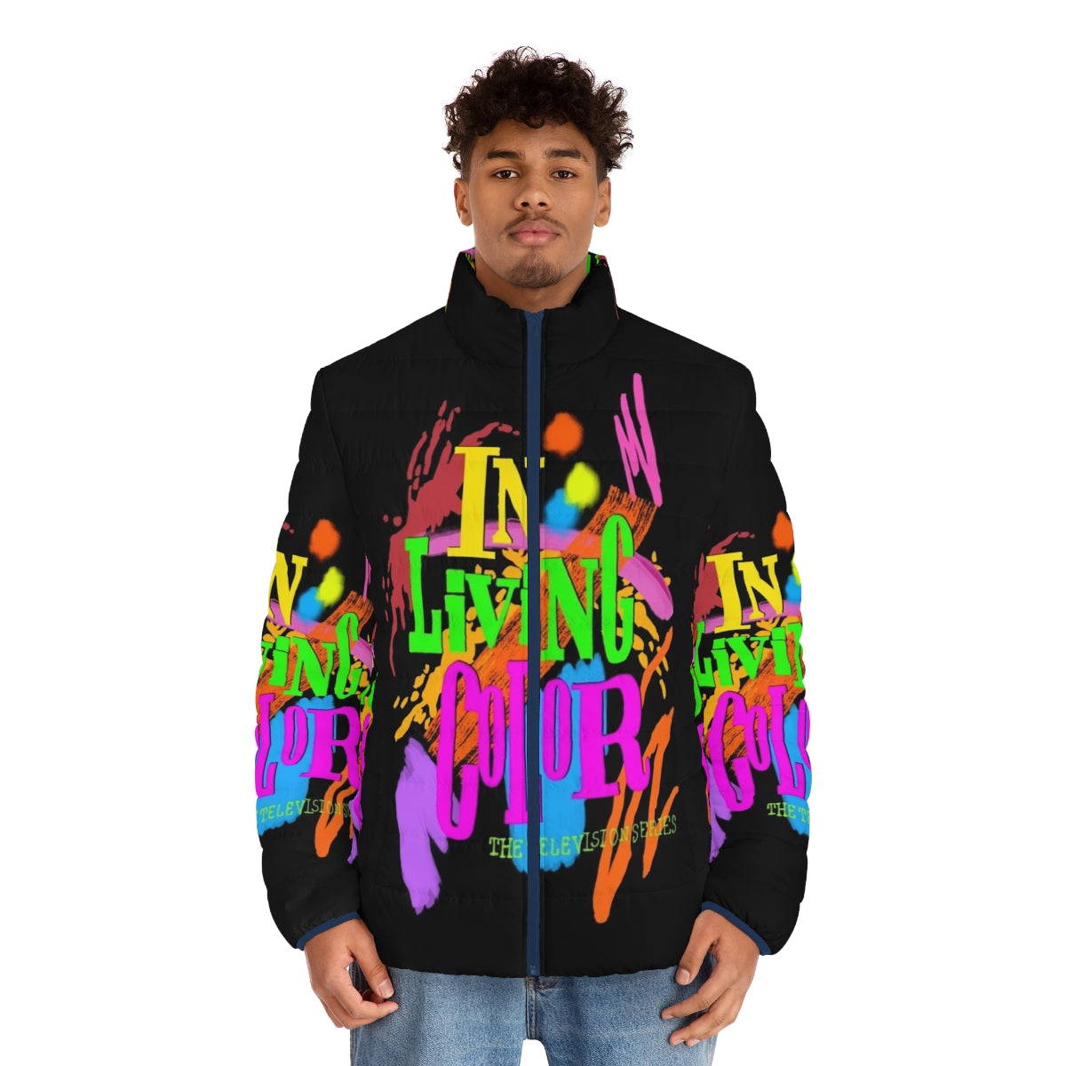 Vibrant 90's inspired puffer jacket featuring "In Living Color" branding - men front