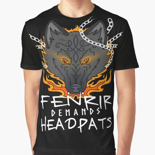 A graphic t-shirt featuring the Norse mythological figure Fenrir, the large wolf-like creature associated with Ragnarok.