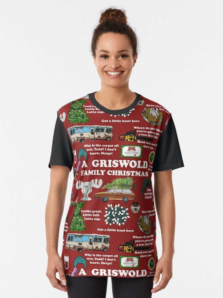 National Lampoon's Christmas Vacation themed graphic t-shirt featuring iconic characters and quotes from the classic comedy film. - Women