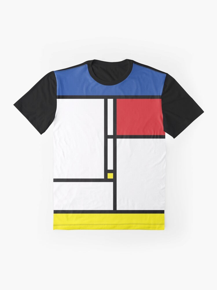 Mondrian minimalist art graphic t-shirt featuring a modern, abstract design in primary colors of red, blue, and yellow. - Flat lay