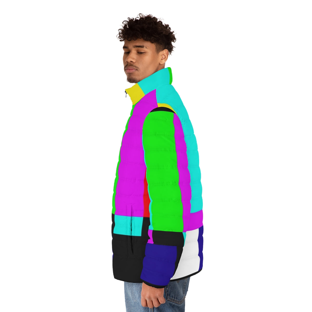 SMPTE color bars puffer jacket featuring a vibrant, technical graphic design - men side left