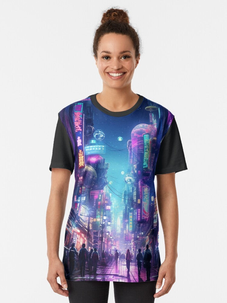 Futuristic cyberpunk-inspired graphic t-shirt featuring a neon cityscape of Tokyo, Japan. - Women