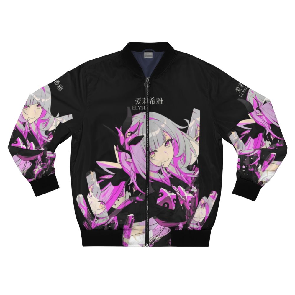 A stylish crystal-embellished bomber jacket inspired by the Honkai Impact character Elysia