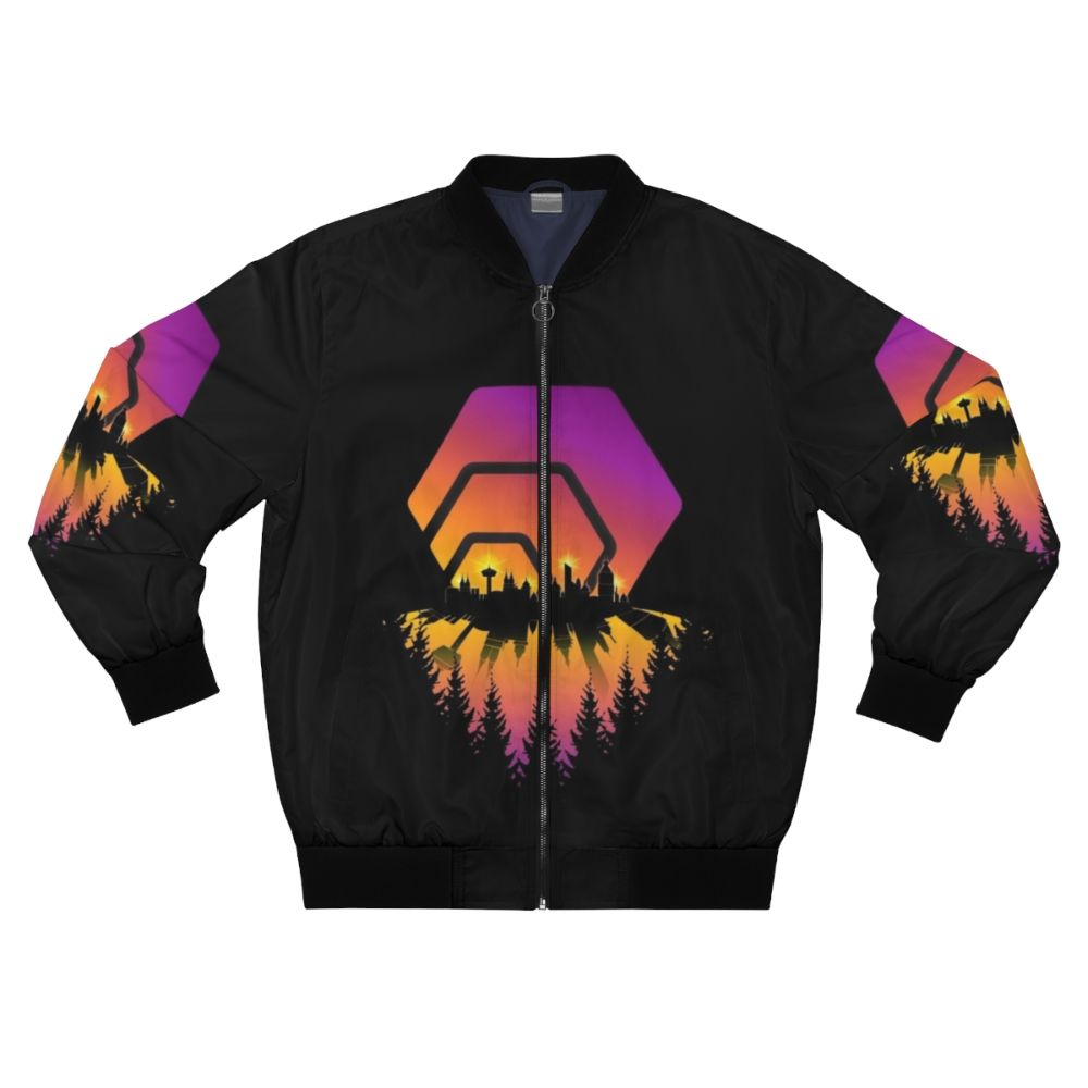 HEX Shining City Bomber Jacket featuring the HEX cryptocurrency and blockchain logo