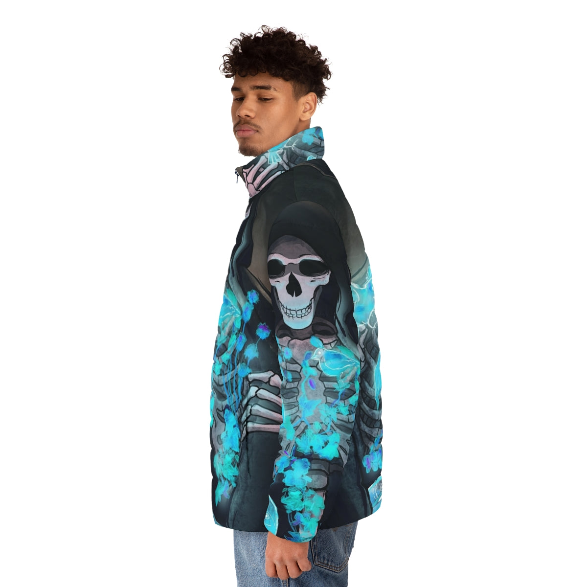 A dark puffer jacket with a supernatural, grim design featuring a reaper, skeleton, and mystical elements. - men side left