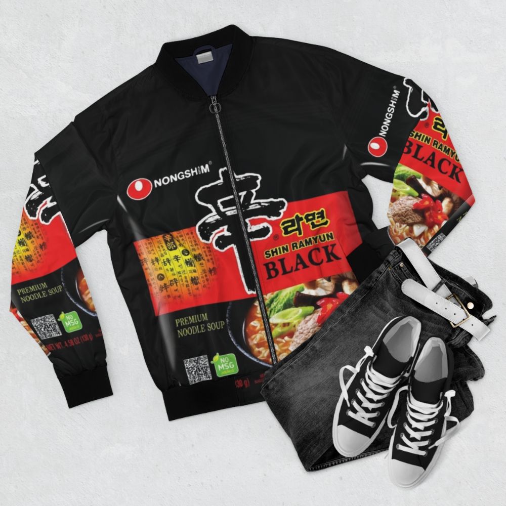 Shin Ramyun Black Instant Ramen Bomber Jacket - Flat lay