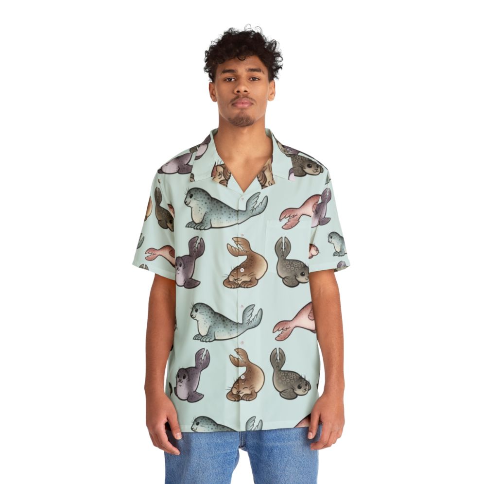 Tropical Hawaiian shirt with cute seal print design - People Front