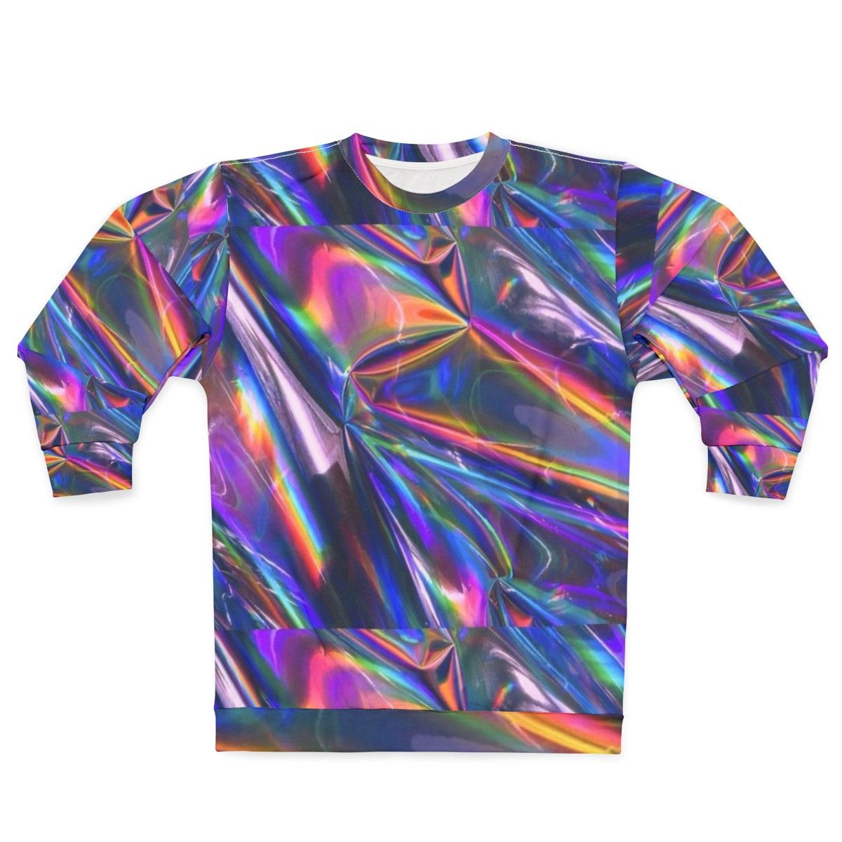 Holographic material sweatshirt with shiny, iridescent texture