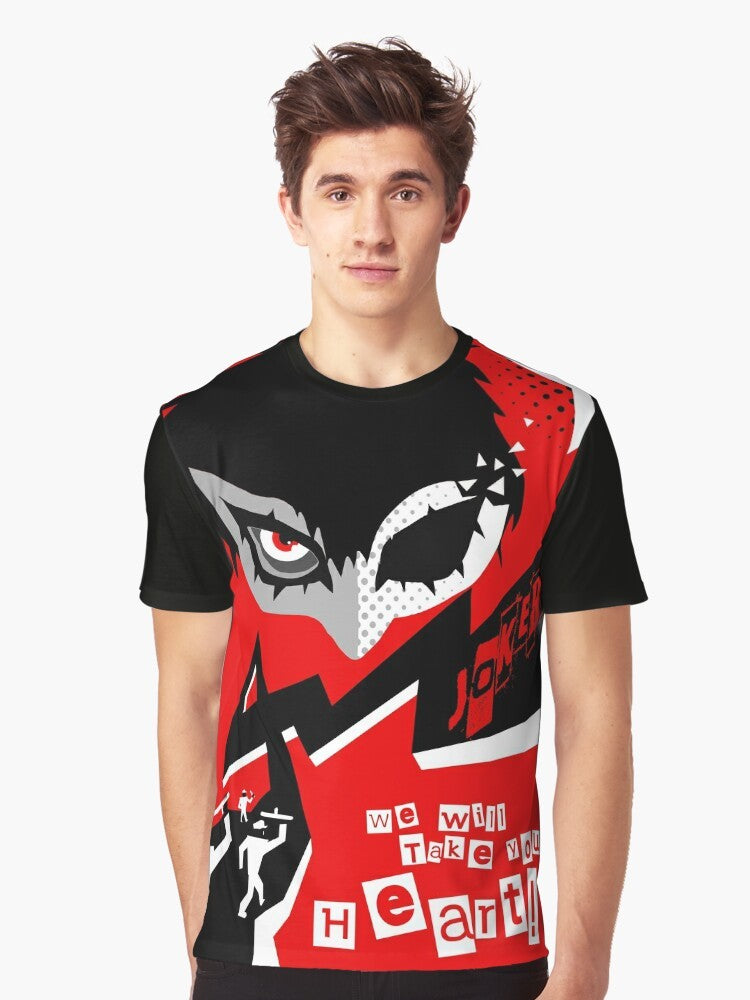 Persona 5 Joker character design with text "Take your heart" on a graphic t-shirt - Men