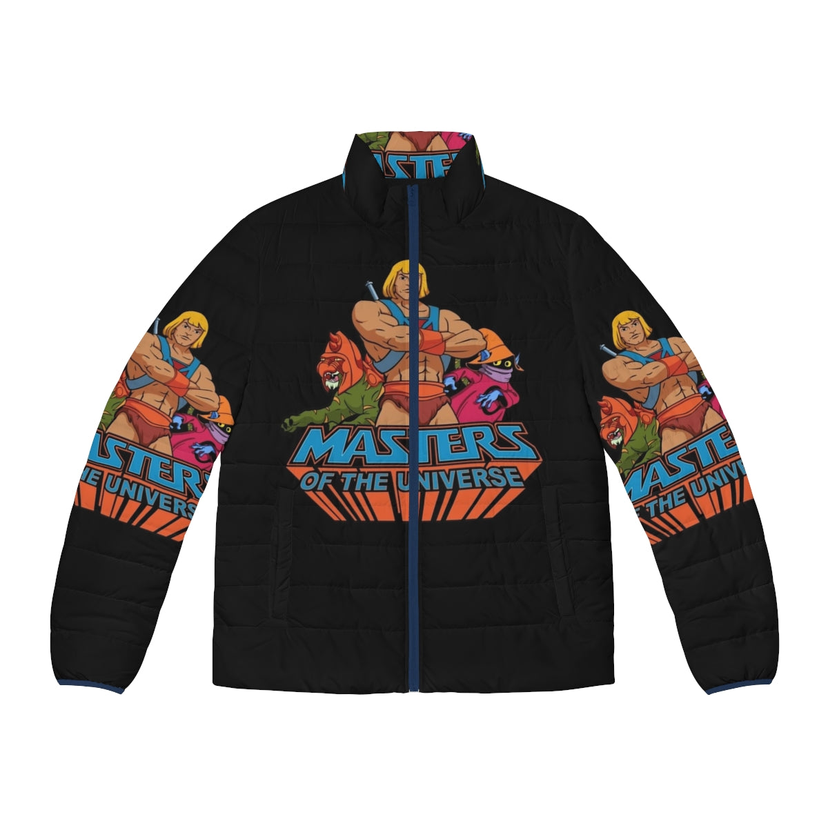 Man wearing a he-man themed puffer jacket